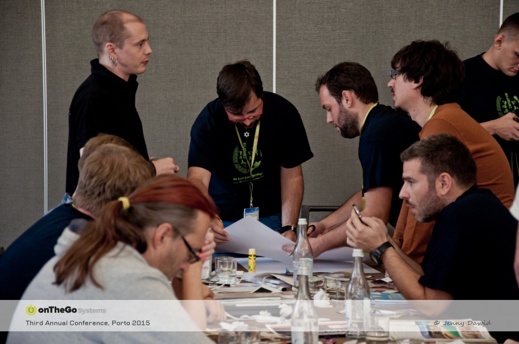 Marcin, Jakub, Beda, Juan, Konstantinos, Dario and Andreas working on their group collage