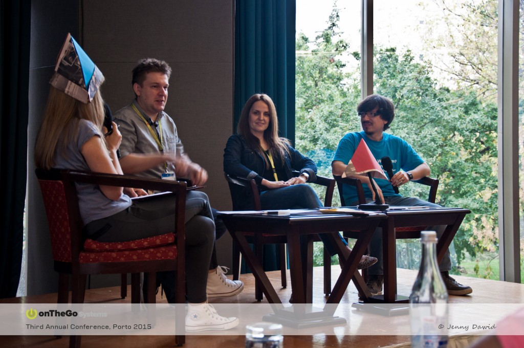 Agnes, Maciej, Laura and Dario playing a demo of the Six Thinking Hats game