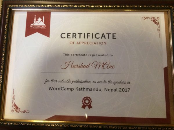 WordCamp Kathmandu: Harshad’s certificate of appreciation